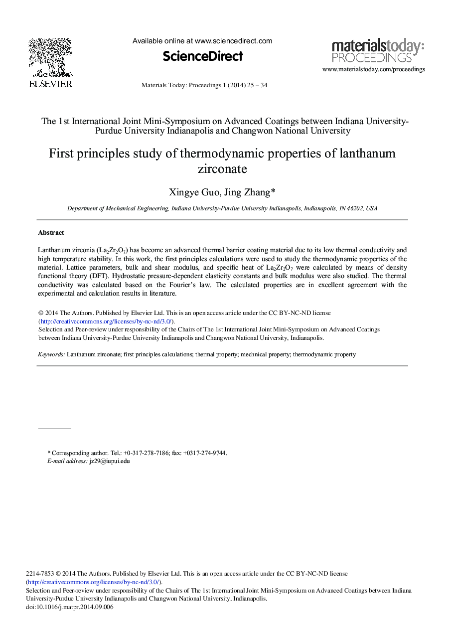 First Principles Study of Thermodynamic Properties of Lanthanum Zirconate 