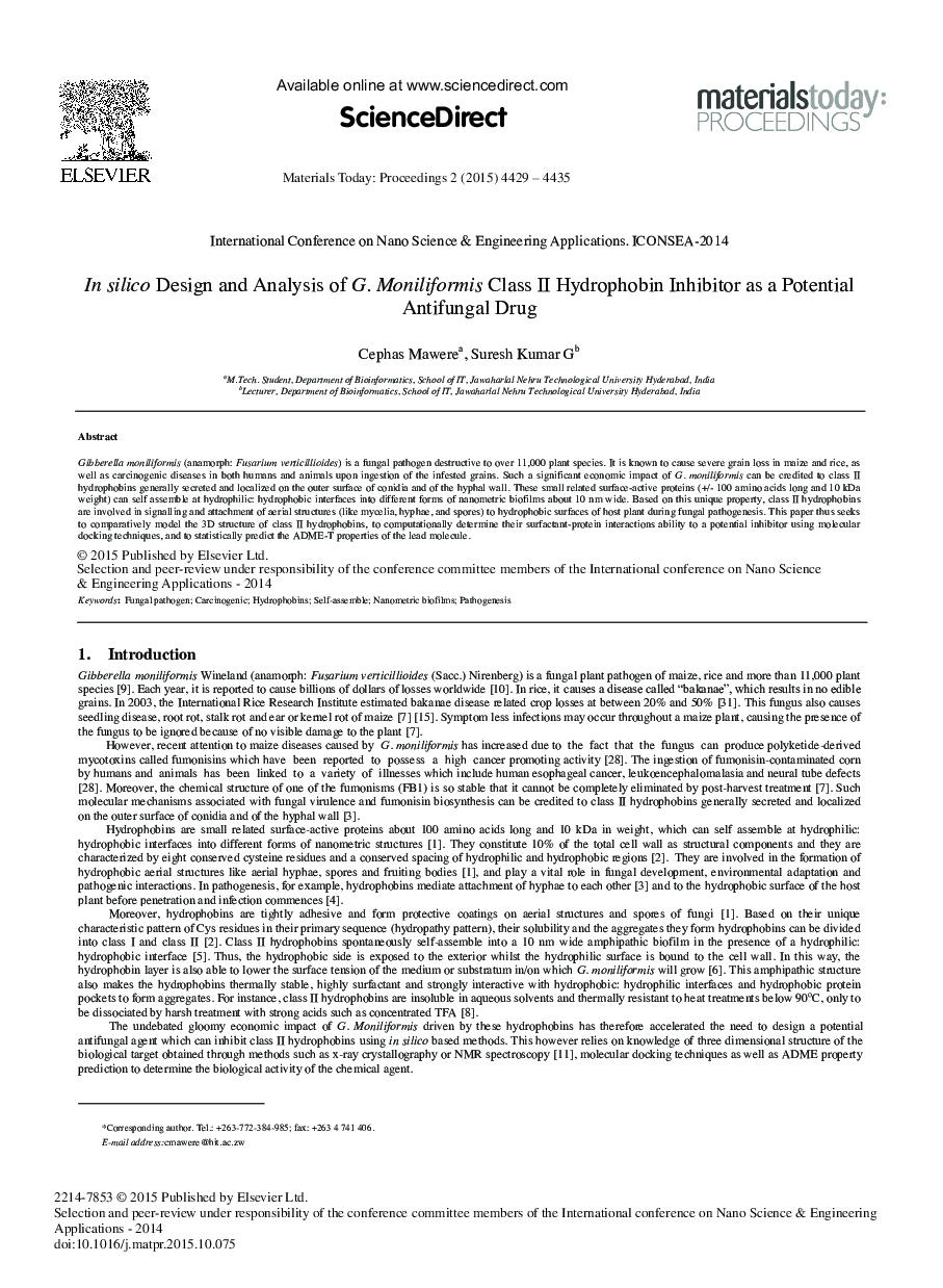 In silico Design and Analysis of G. Moniliformis Class II Hydrophobin Inhibitor as a Potential Antifungal Drug