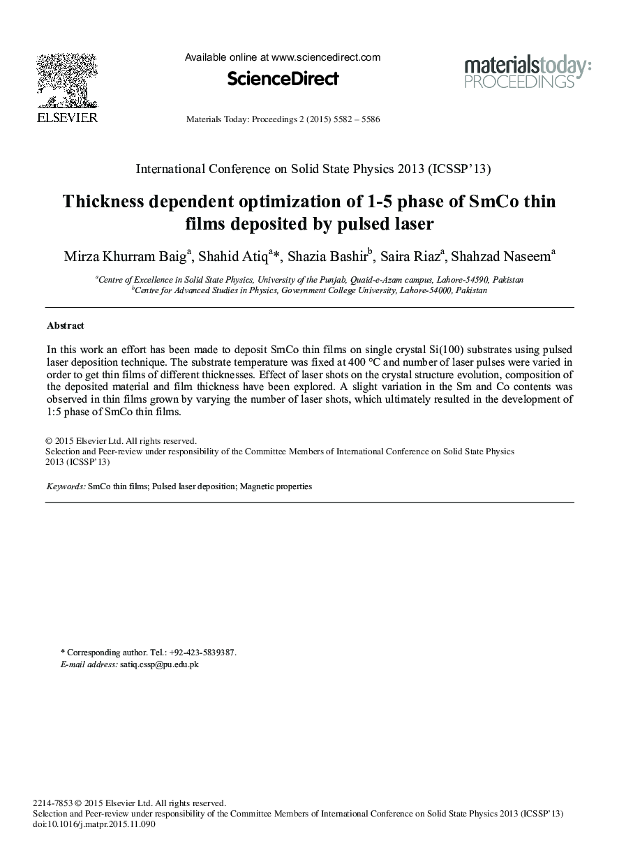 Thickness Dependent Optimization of 1-5 Phase of SmCo Thin Films Deposited by Pulsed Laser 