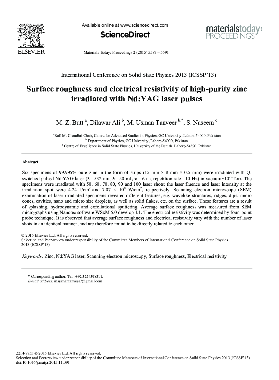 Surface Roughness and Electrical Resistivity of High-purity Zinc Irradiated with Nd:YAG Laser Pulses 