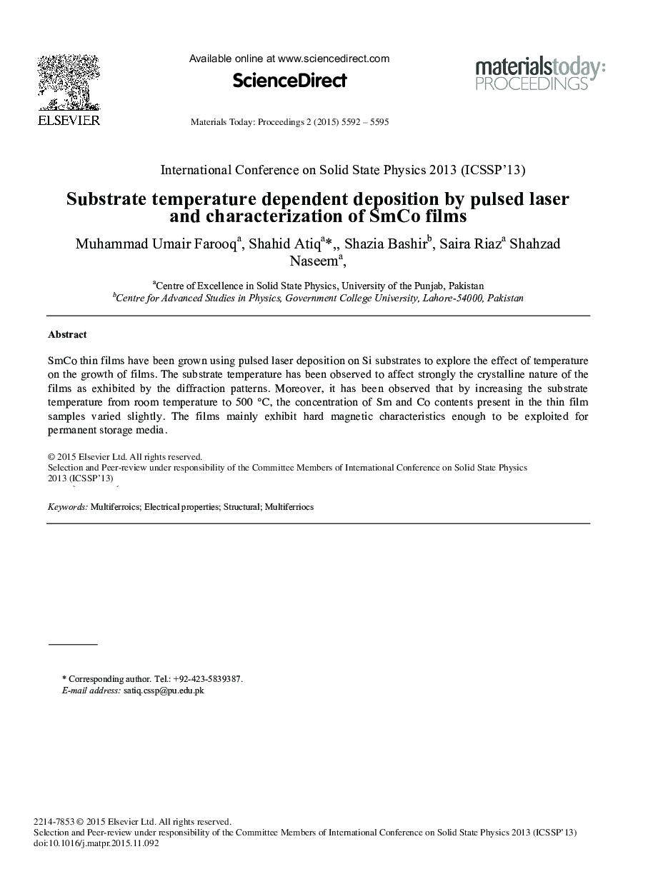 Substrate Temperature Dependent Deposition by Pulsed Laser and Characterization of SmCo Films 