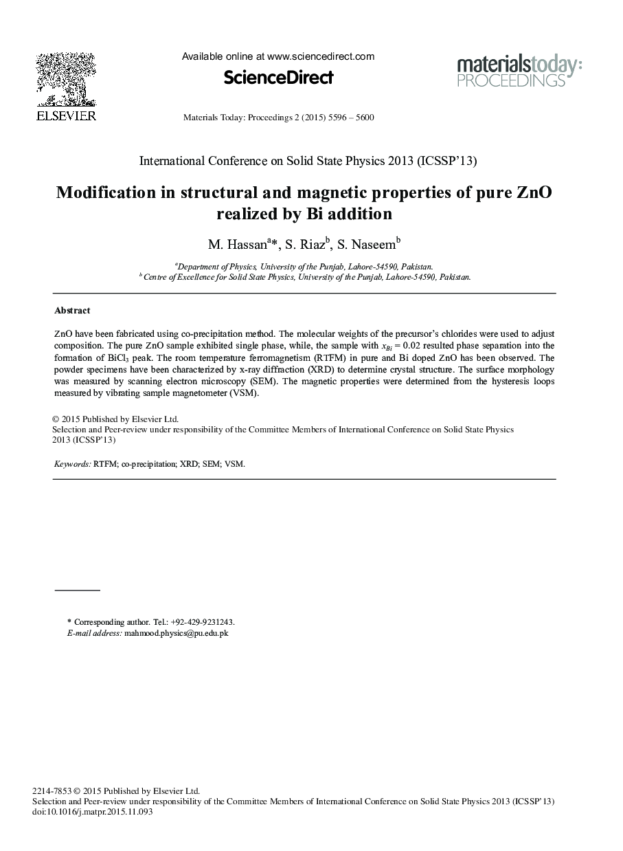 Modification in Structural and Magnetic Properties of Pure ZnO Realized by Bi Addition 