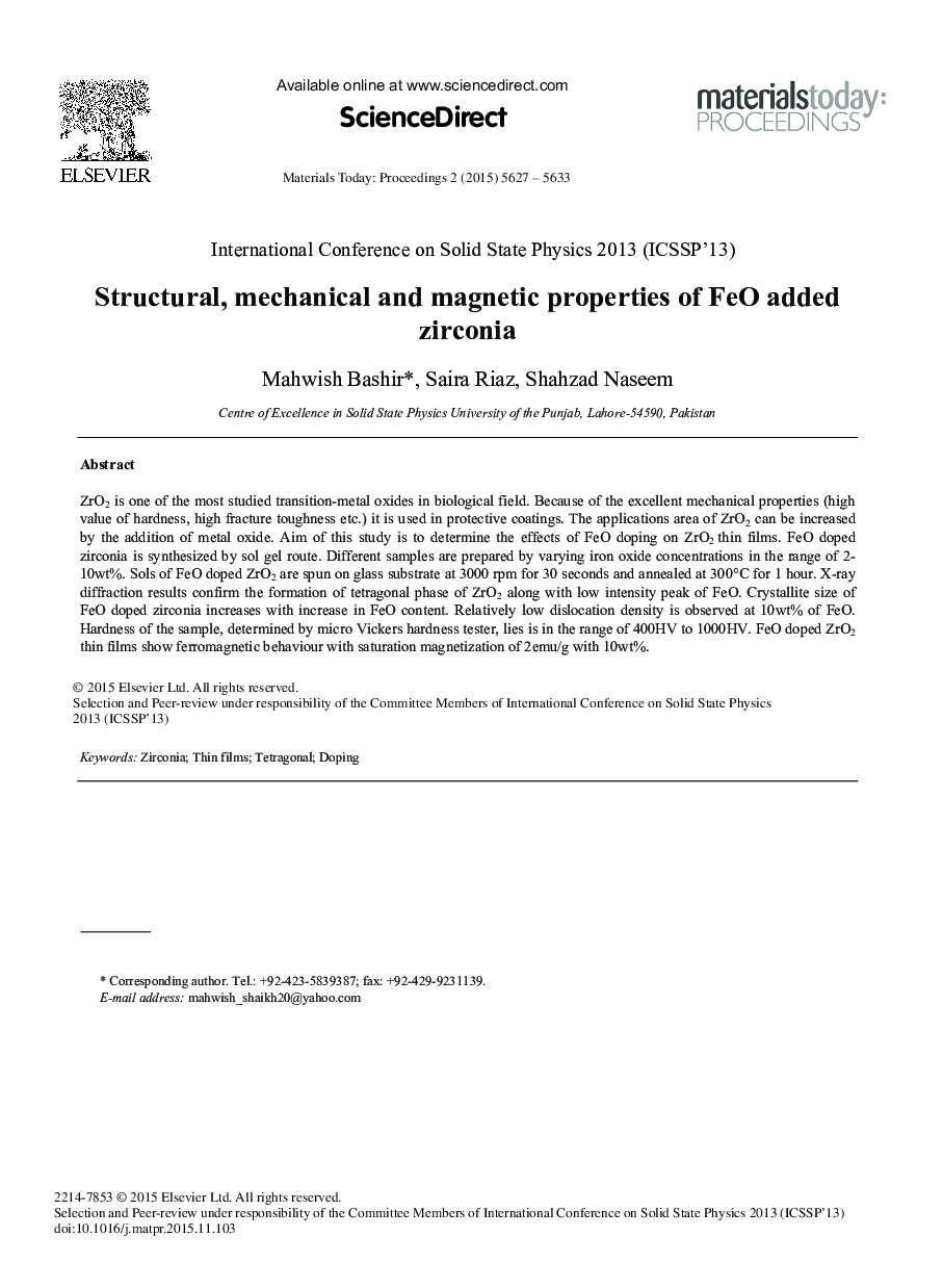 Structural, Mechanical and Magnetic Properties of FeO Added Zirconia 