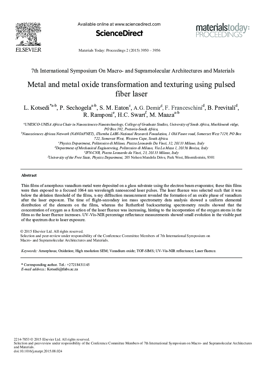 عکس صفحه اول مقاله: Metal and Metal Oxide Transformation and Texturing Using Pulsed Fiber Laser Metal and Metal Oxide Transformation and Texturing Using Pulsed Fiber Laser