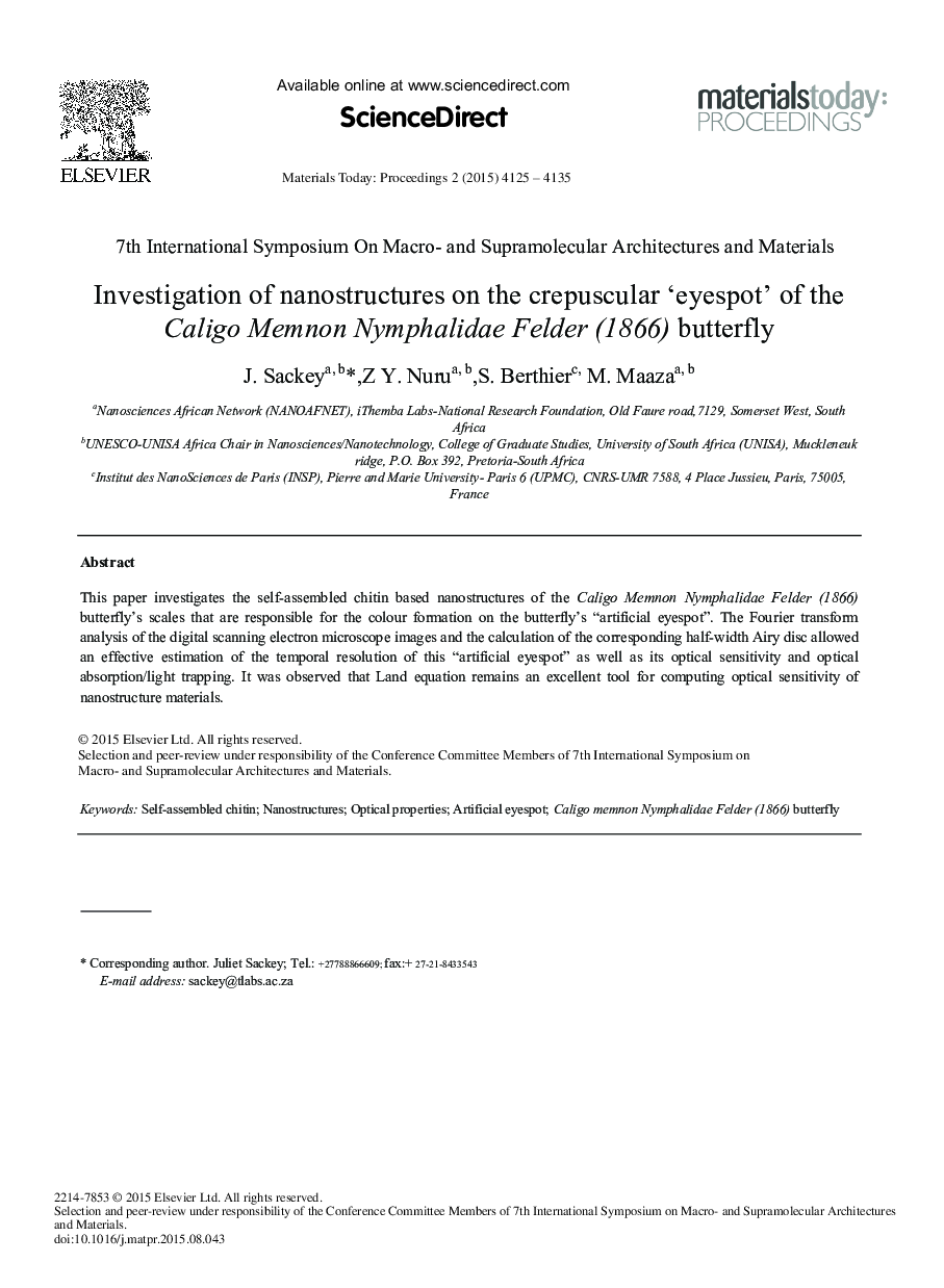 عکس صفحه اول مقاله: Investigation of Nanostructures on the Crepuscular ‘Eyespot’ of the Caligo Memnon Nymphalidae Felder (1866) Butterfly Investigation of Nanostructures on the Crepuscular ‘Eyespot’ of the Caligo Memnon Nymphalidae Felder (1866) Butterfly