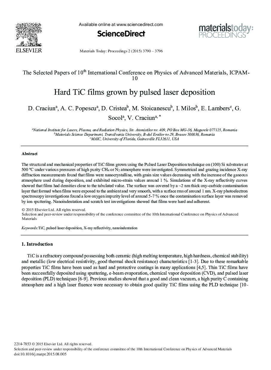 Hard TiC Films Grown by Pulsed Laser Deposition 