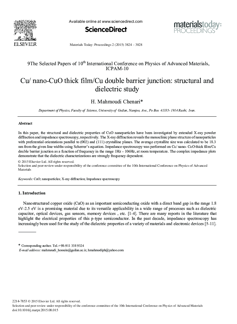 Cu/ nano-CuO Thick Film/Cu Double Barrier Junction: Structural and Dielectric Study 