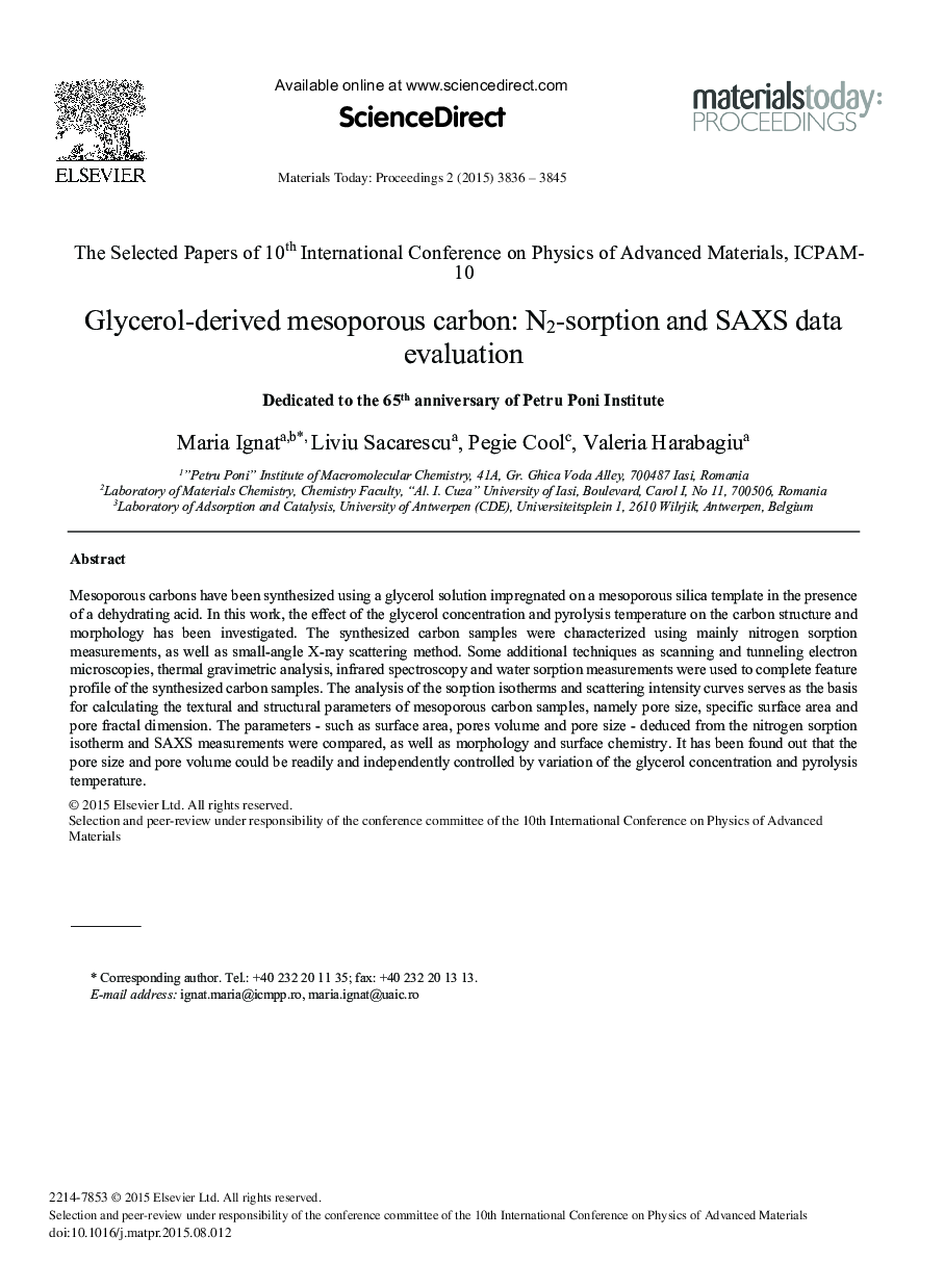 Glycerol-derived Mesoporous Carbon: N2-sorption and SAXS Data Evaluation 