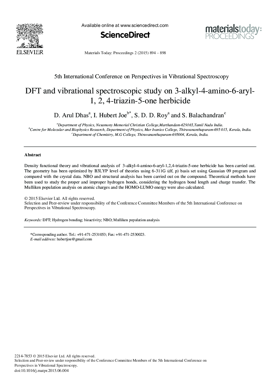 DFT and Vibrational Spectroscopic Study on 3-alkyl-4-amino-6-aryl-1, 2, 4-triazin-5-one Herbicide 