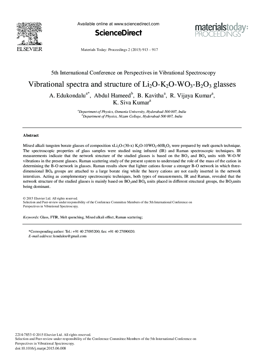 Vibrational Spectra and Structure of Li2O-K2O-WO3-B2O3 Glasses 
