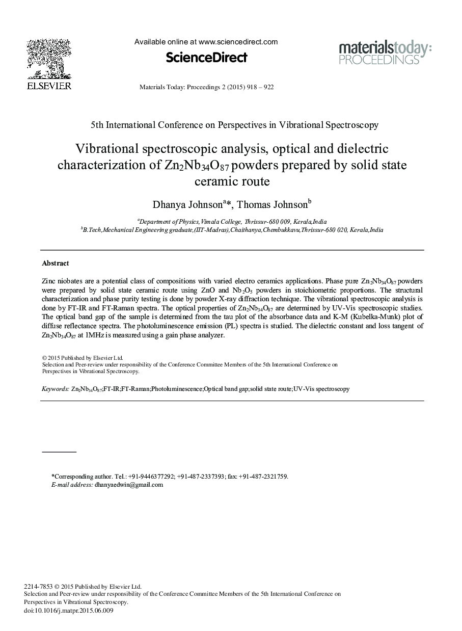 Vibrational Spectroscopic Analysis, Optical and Dielectric Characterization of Zn2Nb34O87 Powders Prepared by Solid State Ceramic Route 