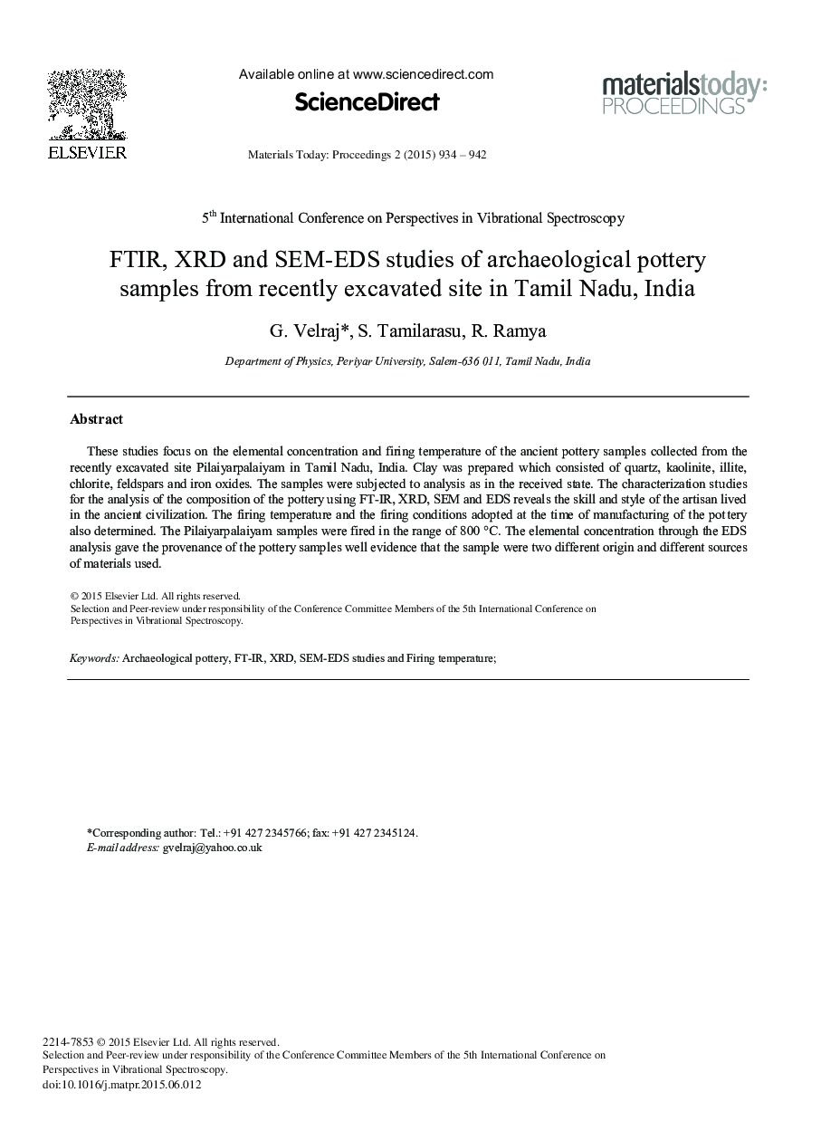 FTIR, XRD and SEM-EDS Studies of Archaeological Pottery Samples from Recently Excavated Site in Tamil Nadu, India 