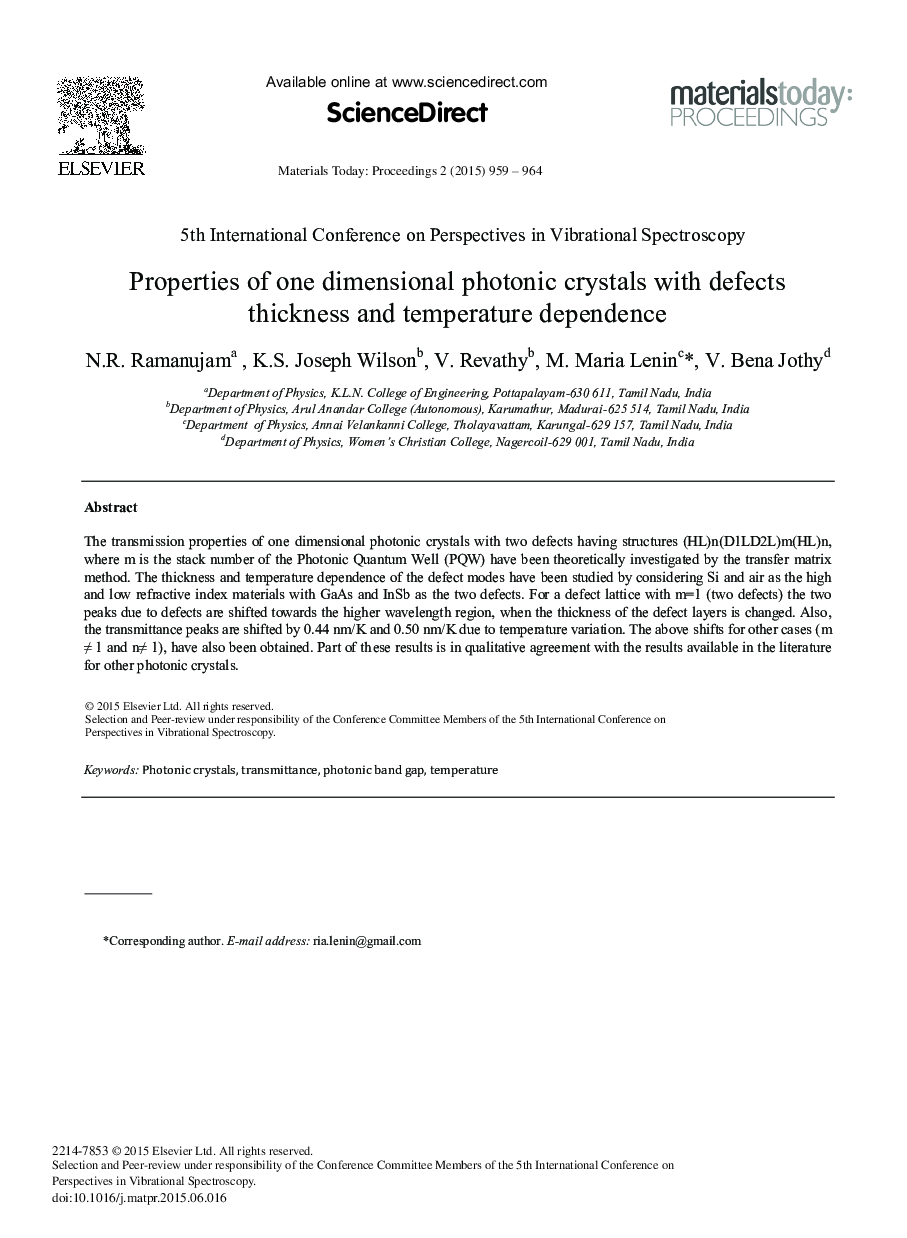 Properties of one Dimensional Photonic Crystals with Defects Thickness and Temperature Dependence 