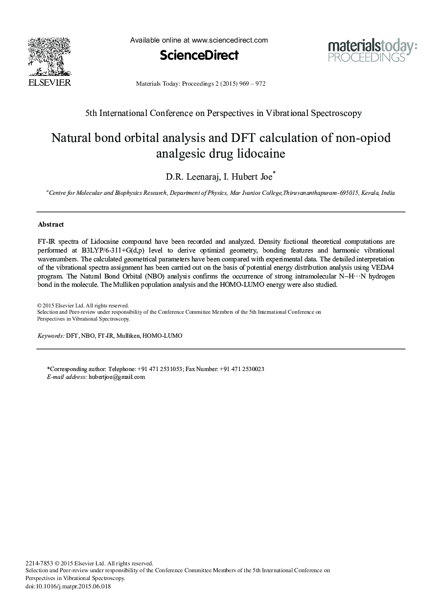 Natural Bond Orbital Analysis and DFT Calculation of Non-opiod Analgesic Drug Lidocaine 