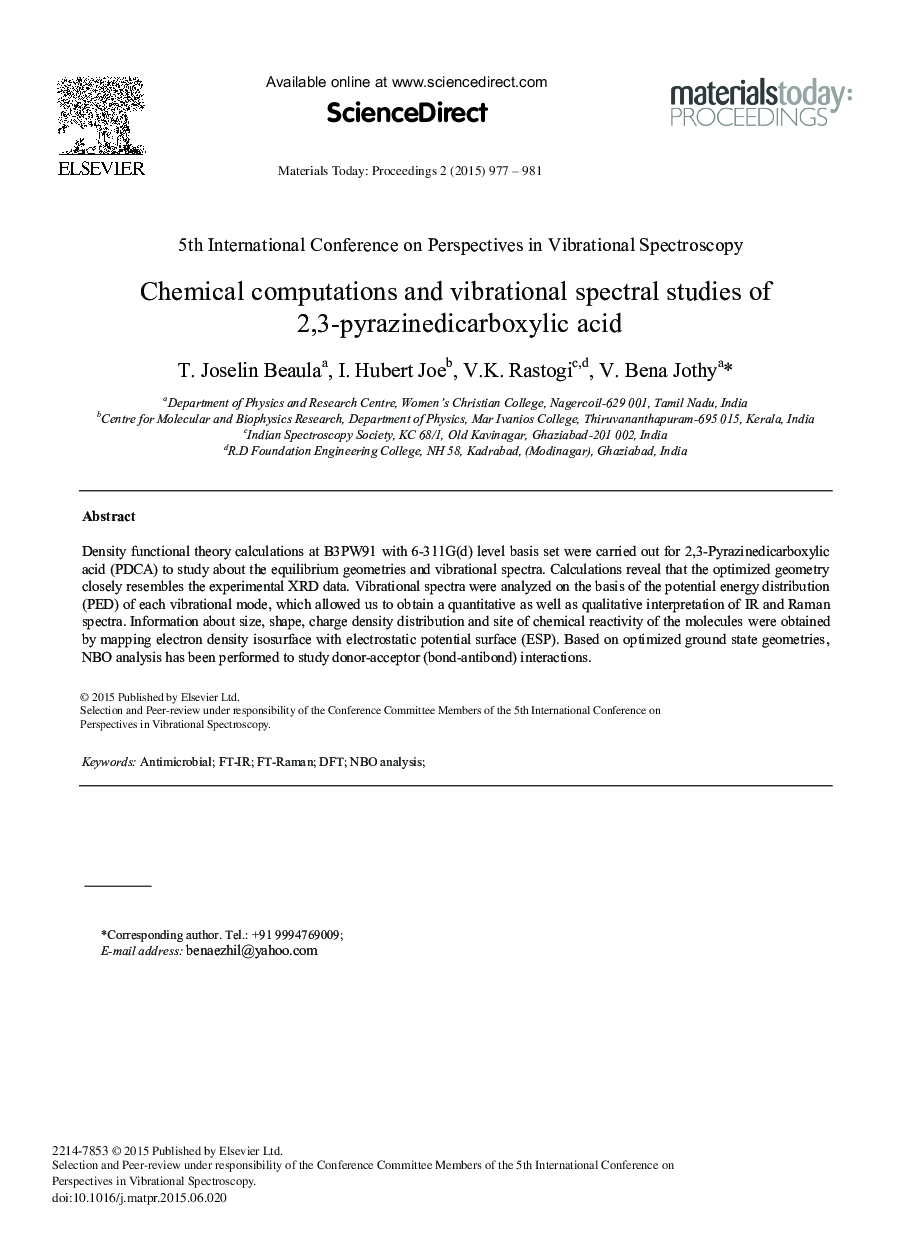 Chemical Computations and Vibrational Spectral Studies of 2,3-Pyrazinedicarboxylic Acid 