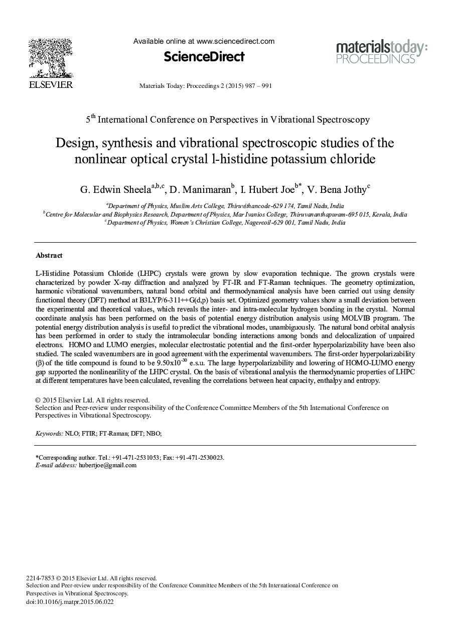 Design, Synthesis and Vibrational Spectroscopic Studies of the Nonlinear Optical Crystal l-histidine Potassium Chloride 