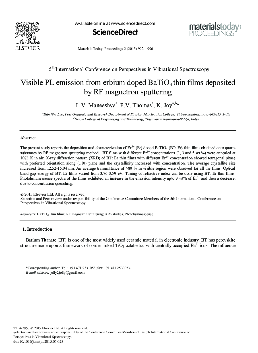 Visible PL Emission from Erbium Doped BaTiO3 thin Films Deposited by RF Magnetron Sputtering 
