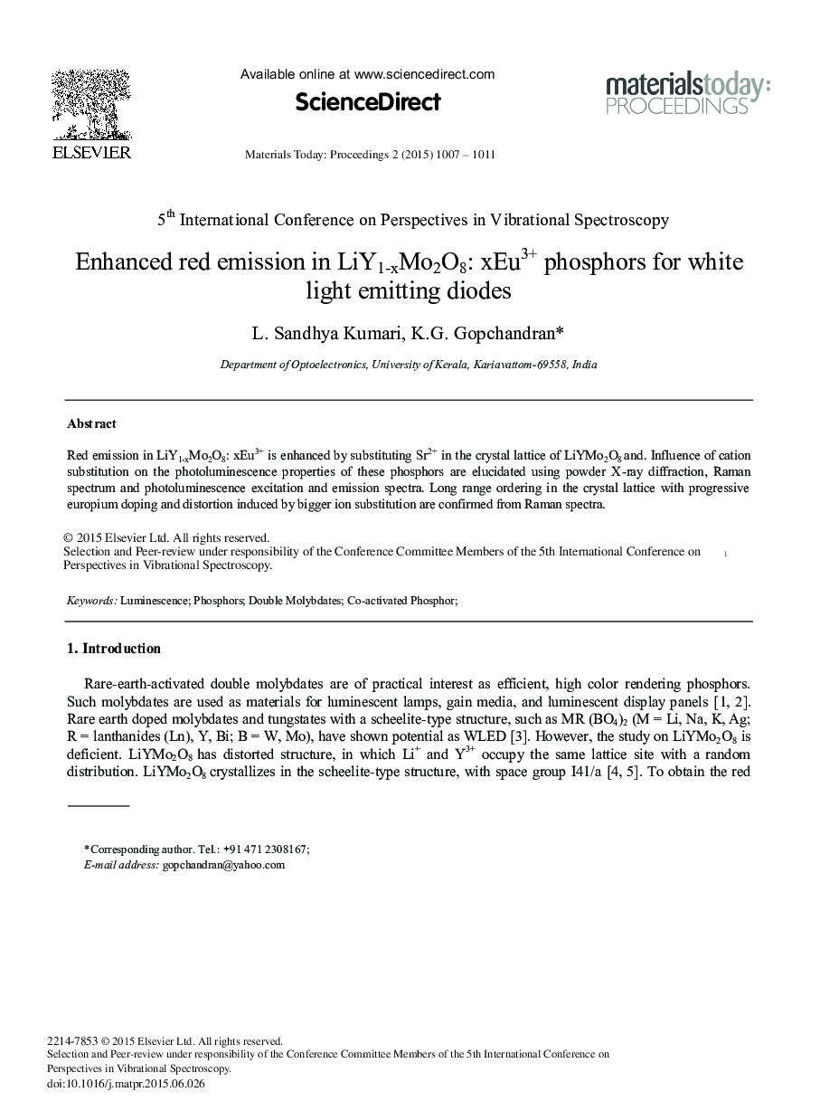 Enhanced Red Emission in LiY1-xMo2O8: xEu3+ Phosphors for White Light Emitting Diodes 