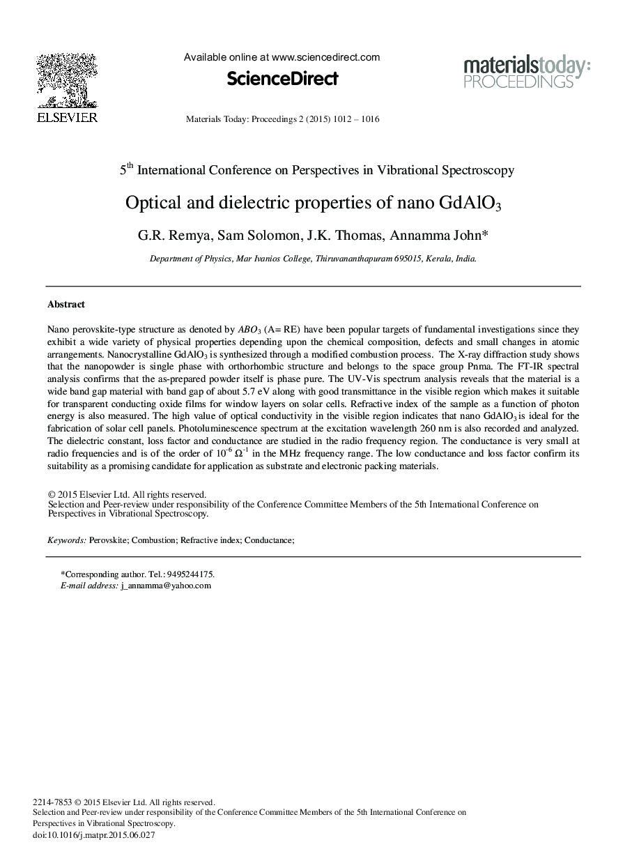 Optical and Dielectric Properties of Nano GdAlO3