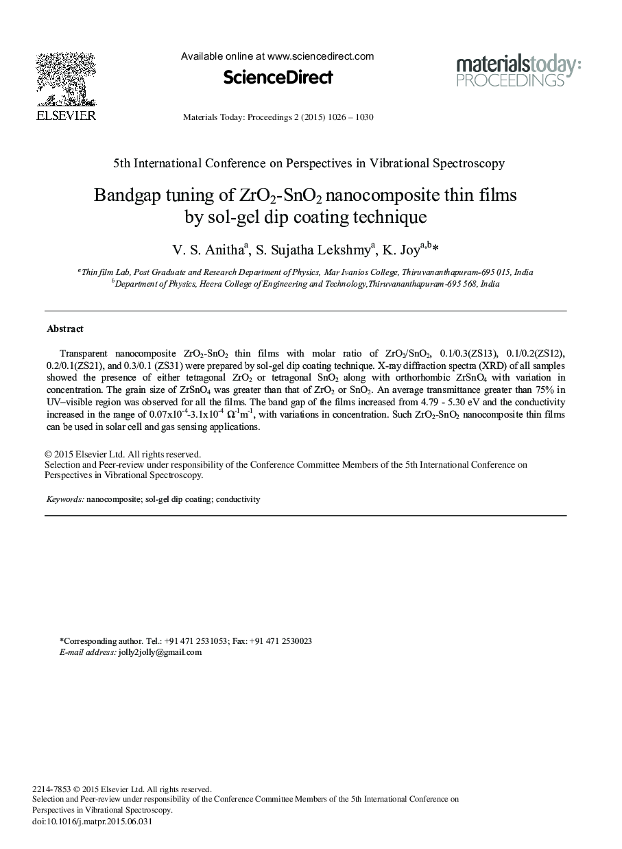 Bandgap Tuning of ZrO2-SnO2 Nanocomposite thin Films by Sol-gel Dip Coating Technique 
