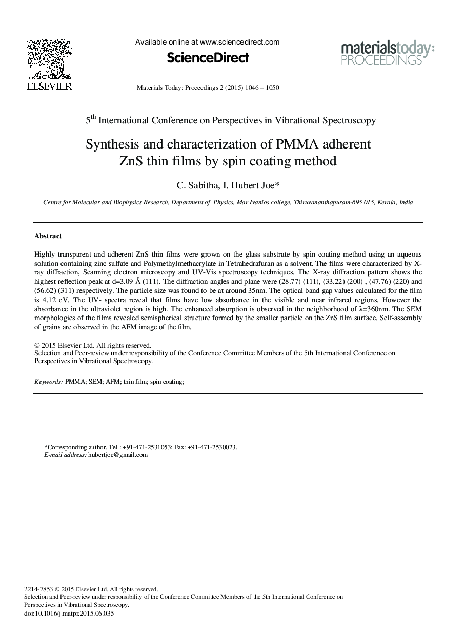 Synthesis and Characterization of PMMA Adherent ZnS thin Films by Spin Coating Method 