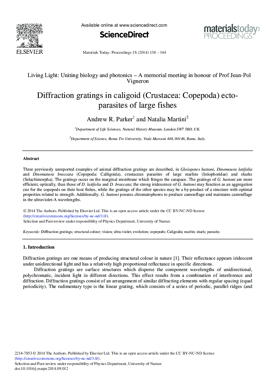 عکس صفحه اول مقاله: Diffraction Gratings in Caligoid (Crustacea: Copepoda) Ecto-parasites of Large Fishes Diffraction Gratings in Caligoid (Crustacea: Copepoda) Ecto-parasites of Large Fishes