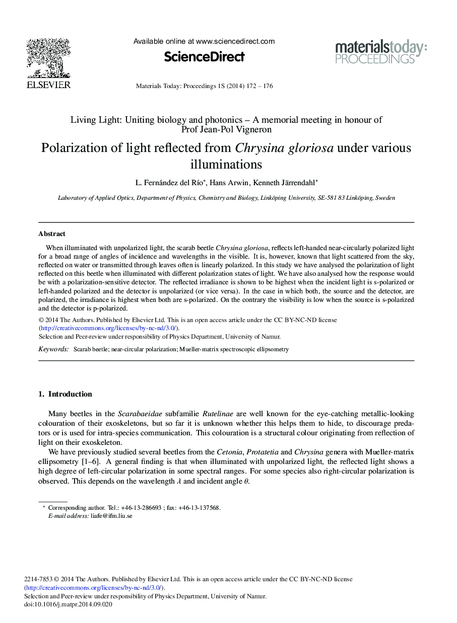 عکس صفحه اول مقاله: Polarization of Light Reflected from Chrysina Gloriosa Under Various Illuminations Polarization of Light Reflected from Chrysina Gloriosa Under Various Illuminations