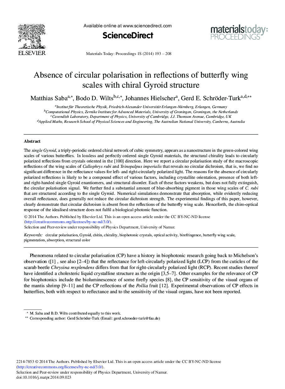 عکس صفحه اول مقاله: Absence of Circular Polarisation in Reflections of Butterfly Wing Scales with Chiral Gyroid Structure Absence of Circular Polarisation in Reflections of Butterfly Wing Scales with Chiral Gyroid Structure