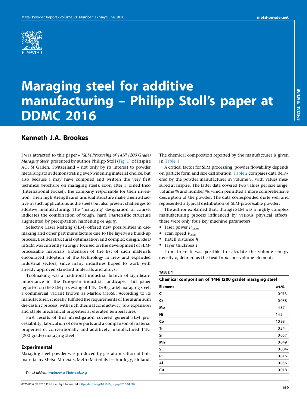 Maraging steel for additive manufacturing - Philipp Stoll's paper at DDMC 2016