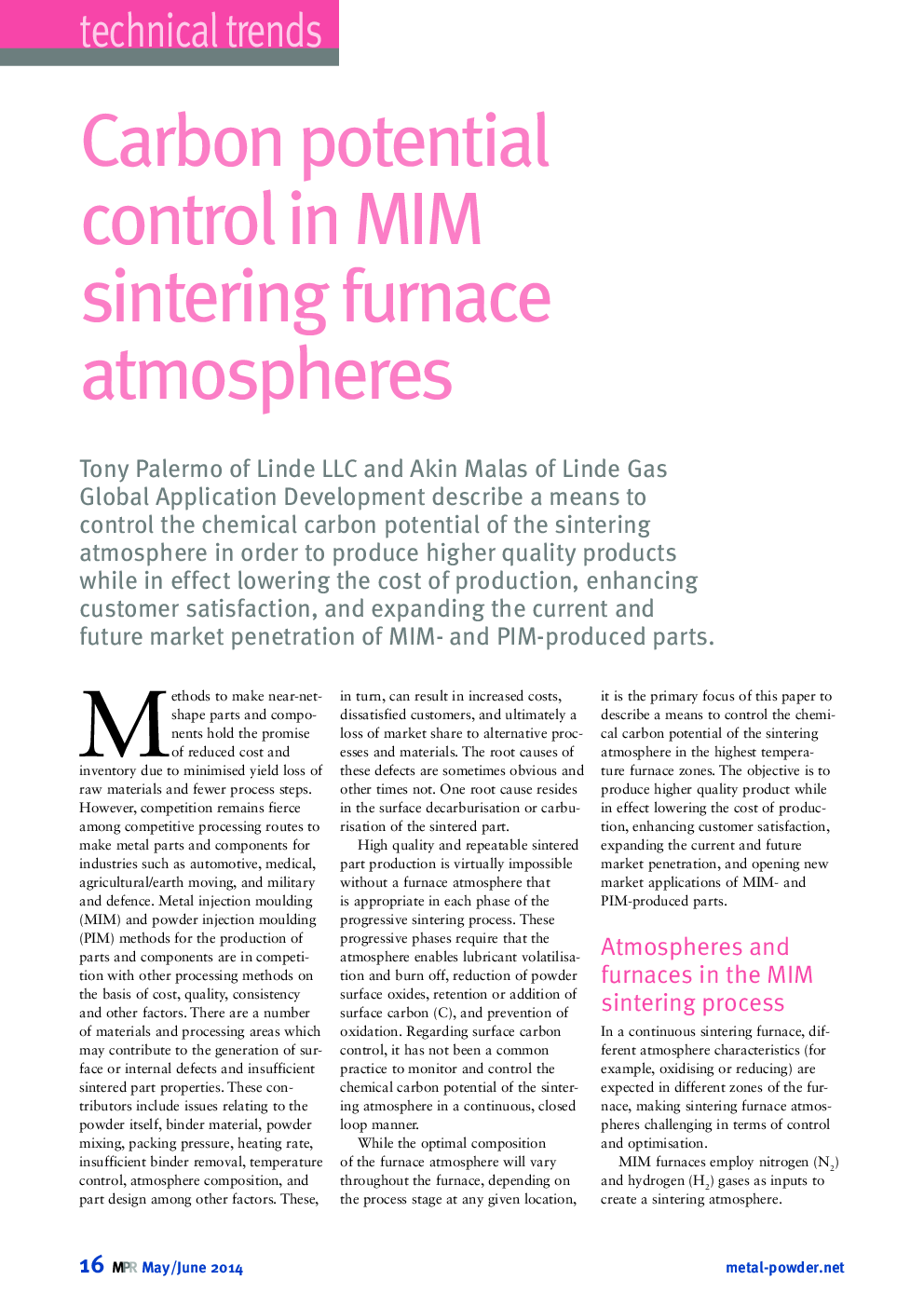 Carbon potential control in MIM sintering furnace atmospheres 
