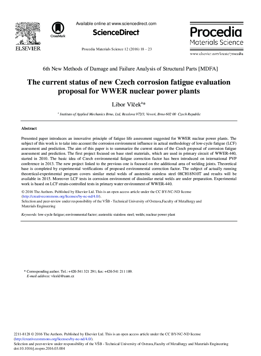 The Current Status of New Czech Corrosion Fatigue Evaluation Proposal for WWER Nuclear Power Plants 