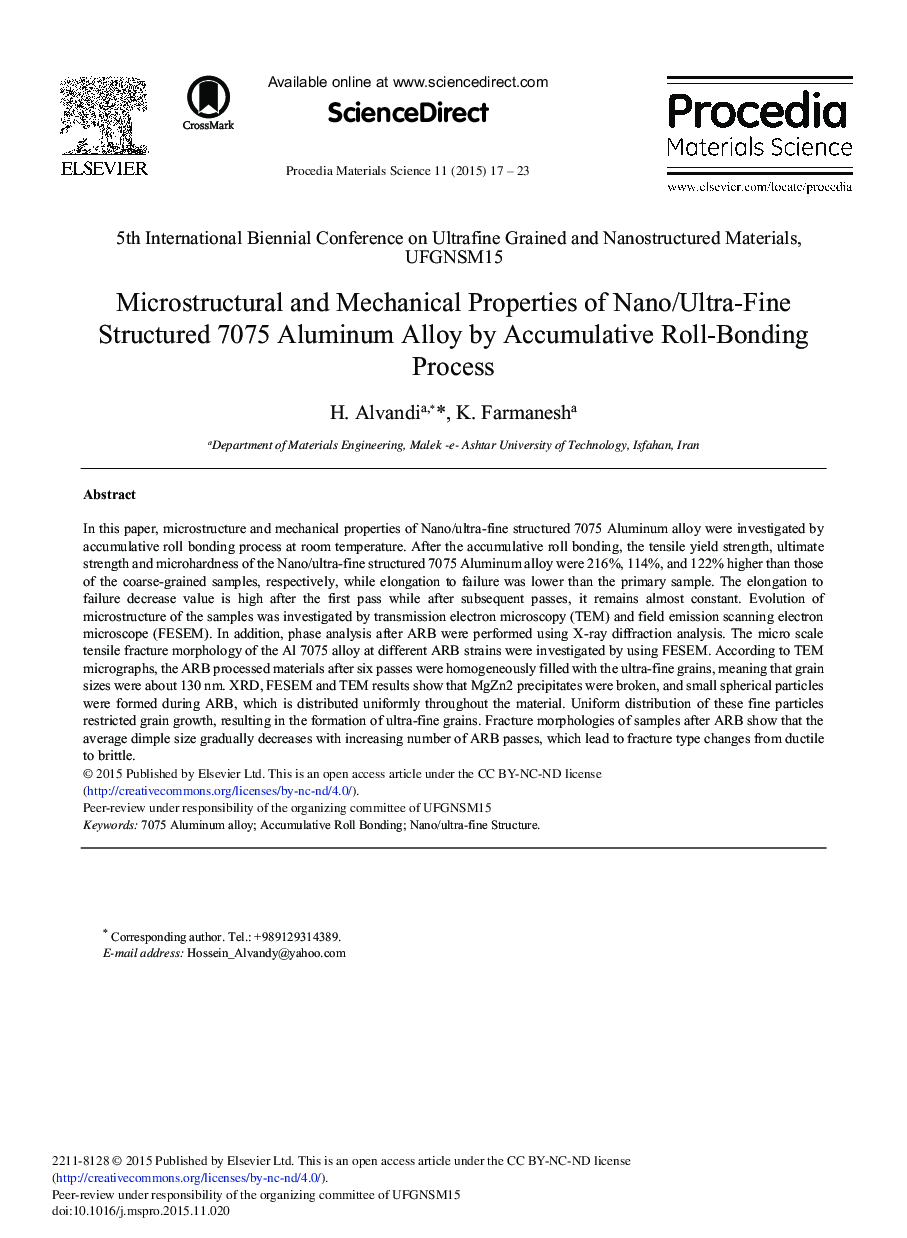 Microstructural and Mechanical Properties of Nano/Ultra-fine Structured 7075 Aluminum Alloy by Accumulative Roll-Bonding Process 