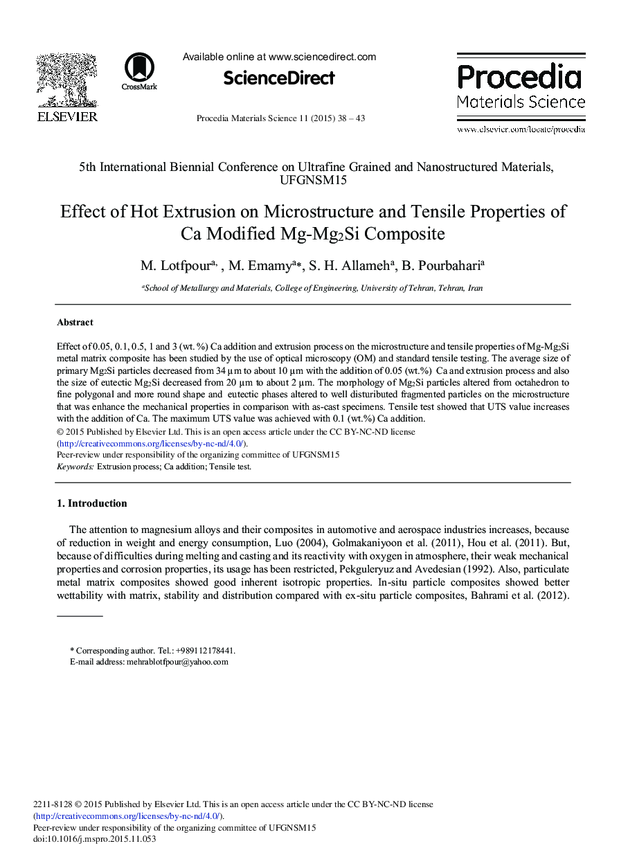 Effect of Hot Extrusion on Microstructure and Tensile Properties of Ca Modified Mg-Mg2Si Composite 