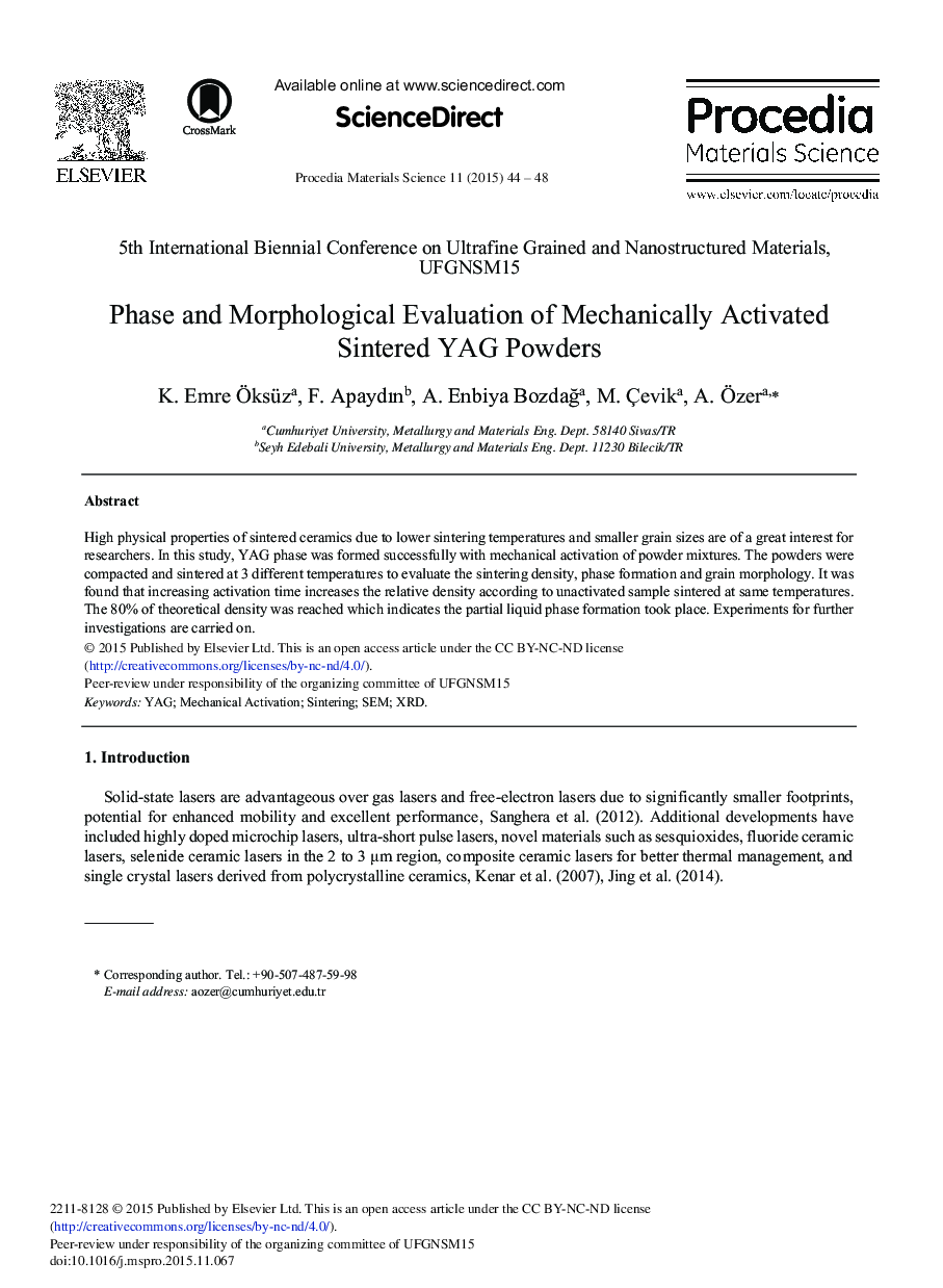 Phase and Morphological Evaluation of Mechanically Activated Sintered YAG Powders 