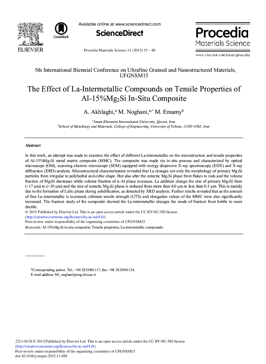 The Effect of La-intermetallic Compounds on Tensile Properties of Al-15%Mg2Si In-situ Composite 