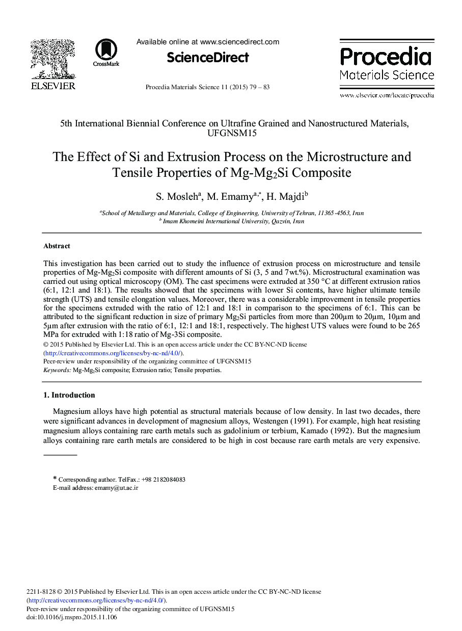 The Effect of Si and Extrusion Process on the Microstructure and Tensile Properties of Mg-Mg2Si Composite 