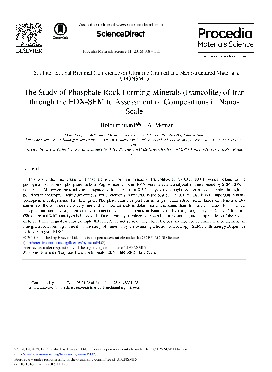 The Study of Phosphate Rock Forming Minerals (Francolite) of Iran through the EDX-SEM to Assessment of Compositions in Nano-scale 
