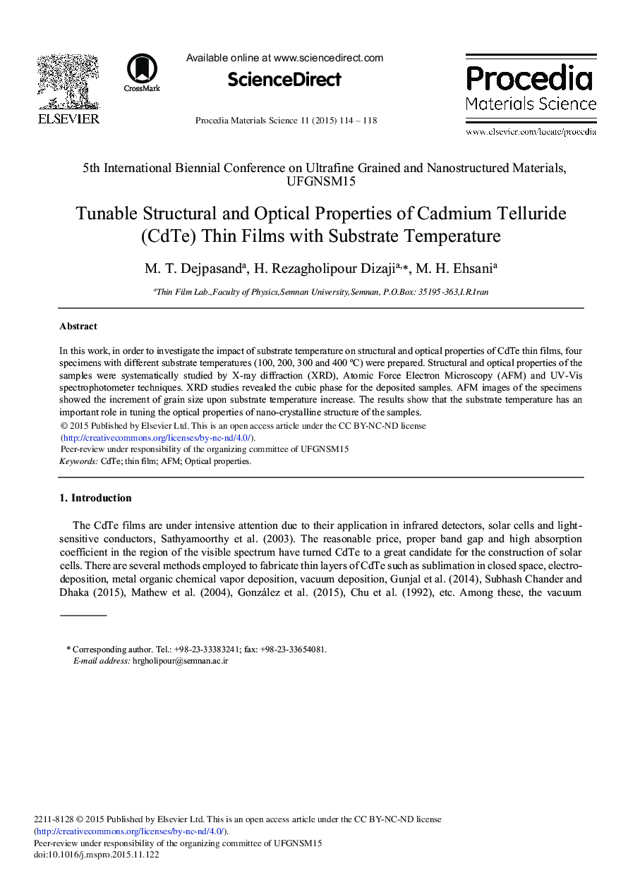 Tunable Structural and Optical Properties of Cadmium Telluride (CdTe) thin Films with Substrate Temperature 