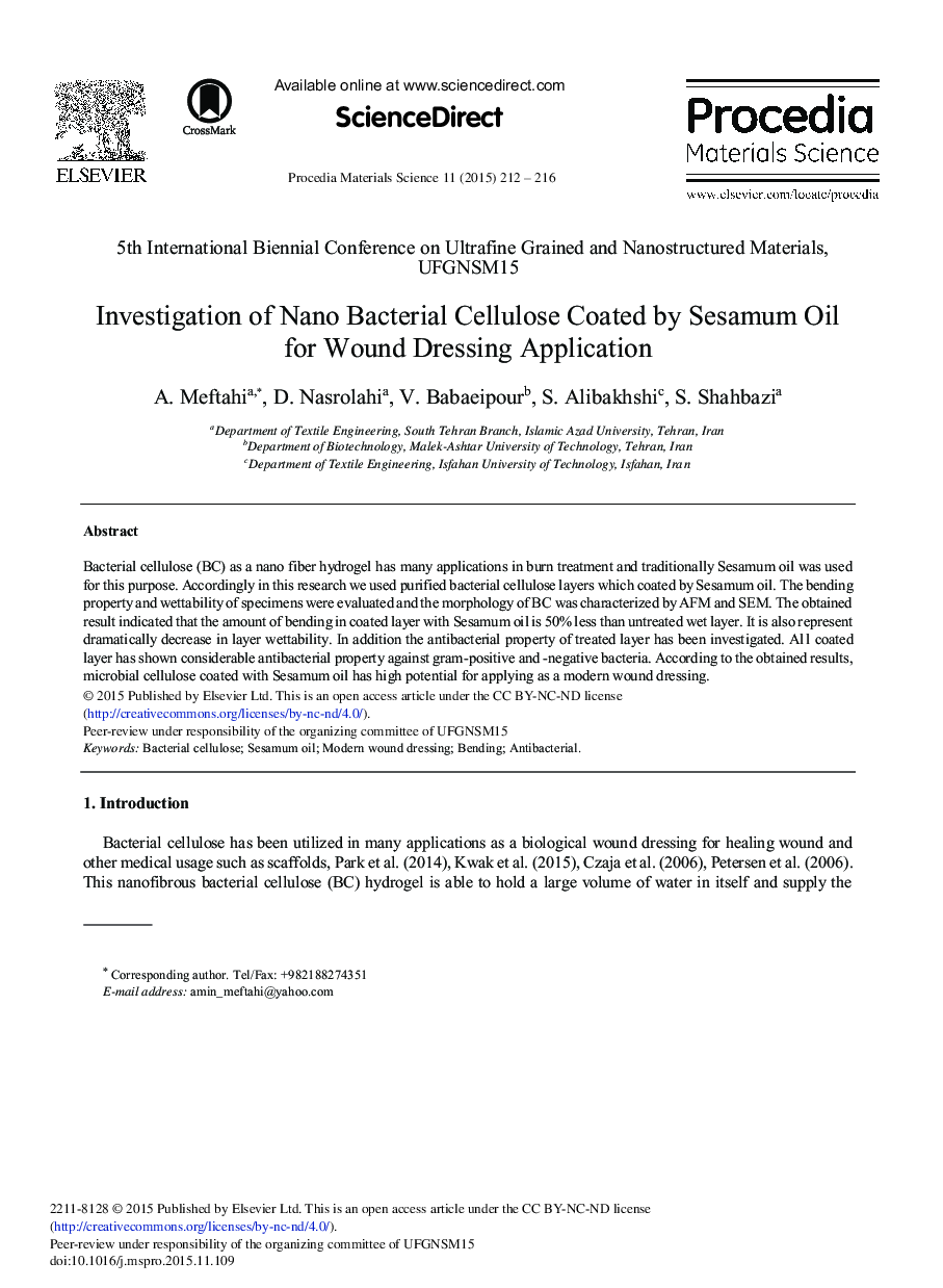 Investigation of Nano Bacterial Cellulose Coated by Sesamum Oil for Wound Dressing Application 