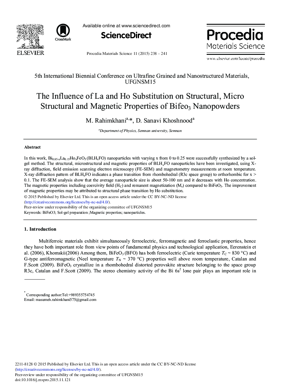 The Influence of La and Ho Substitution on Structural, Micro Structural and Magnetic Properties of Bifeo3 Nanopowders 
