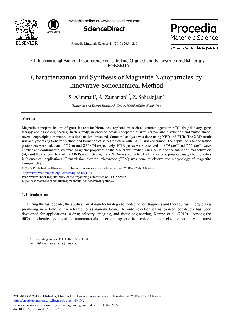 Characterization and Synthesis of Magnetite Nanoparticles by Innovative Sonochemical Method 
