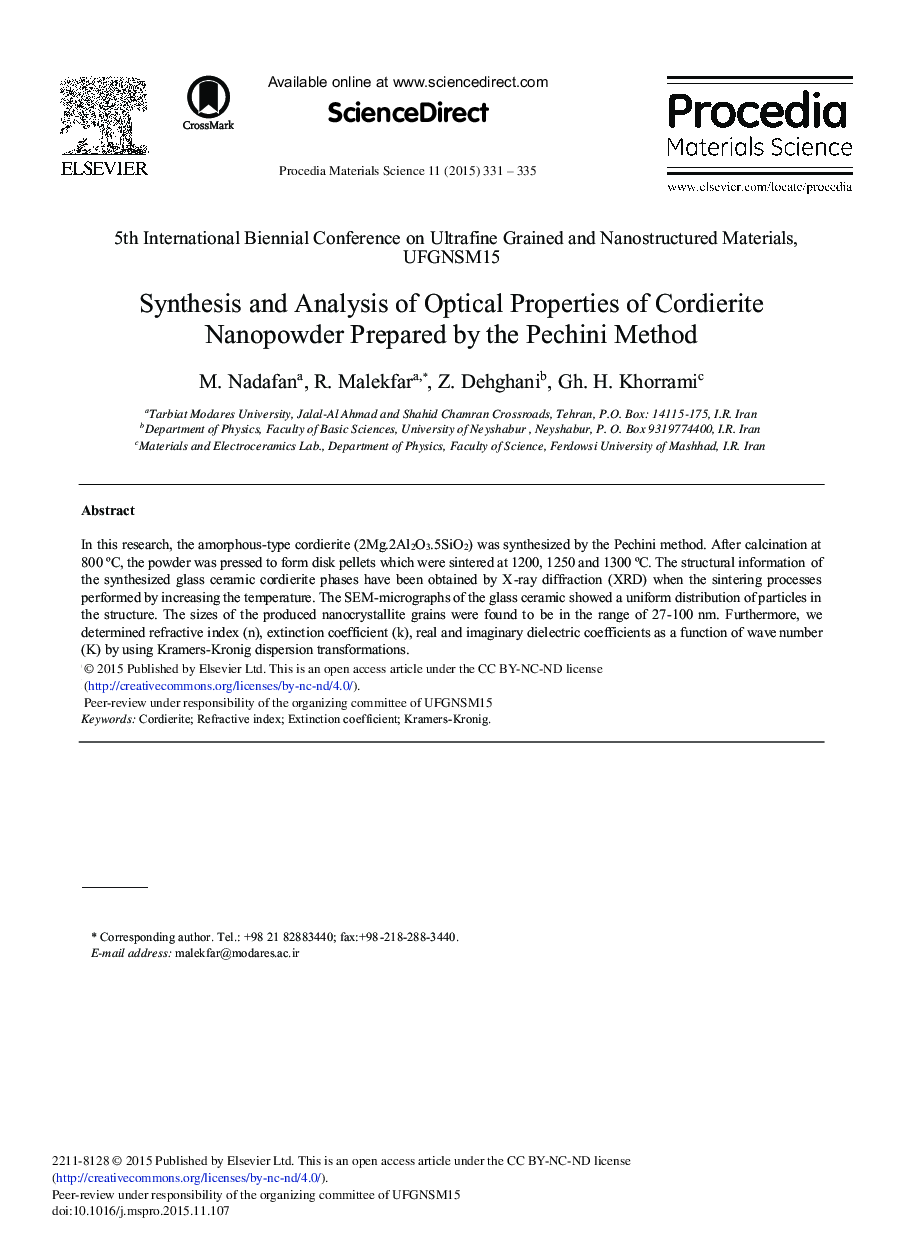 Synthesis and Analysis of Optical Properties of Cordierite Nanopowder Prepared by the Pechini Method