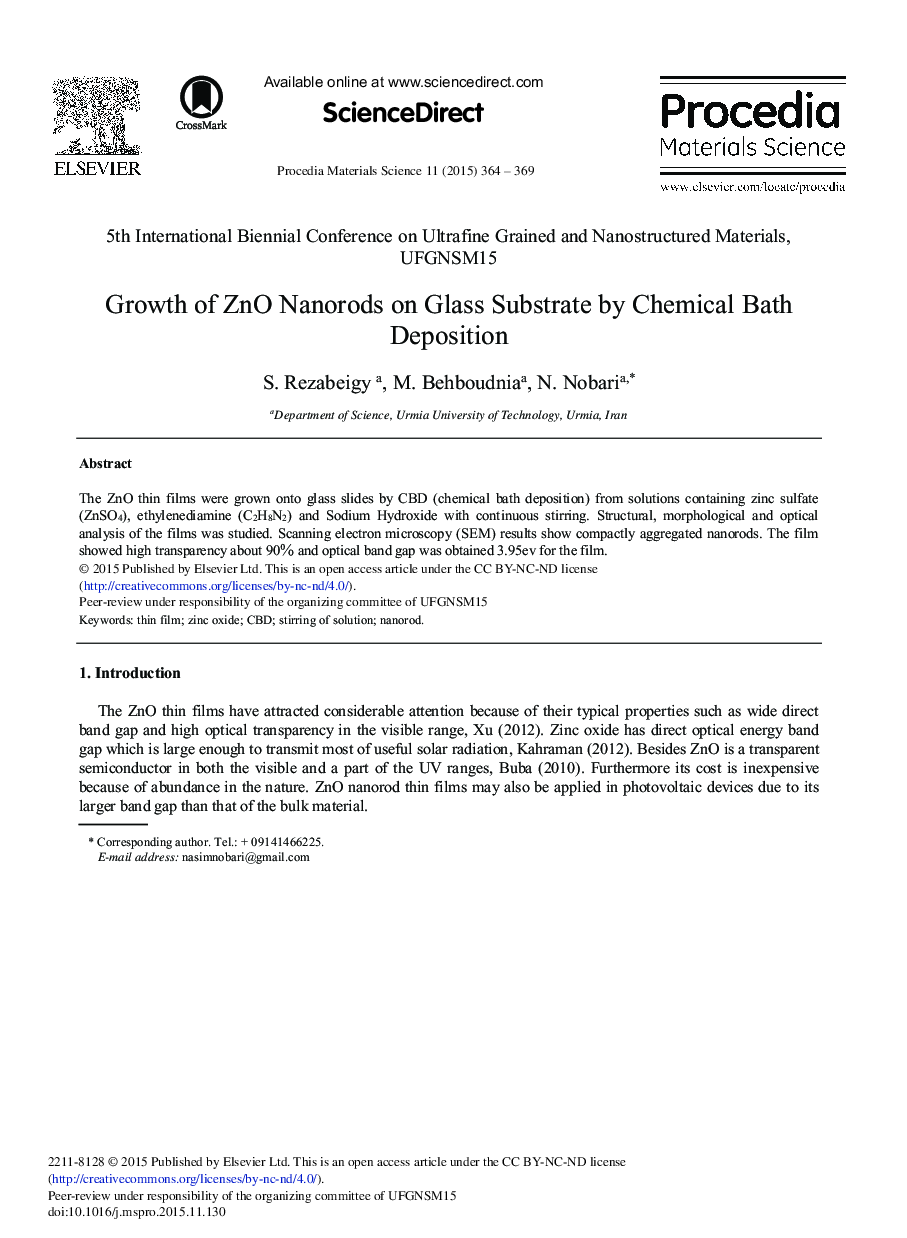Growth of ZnO Nanorods on Glass Substrate by Chemical Bath Deposition 