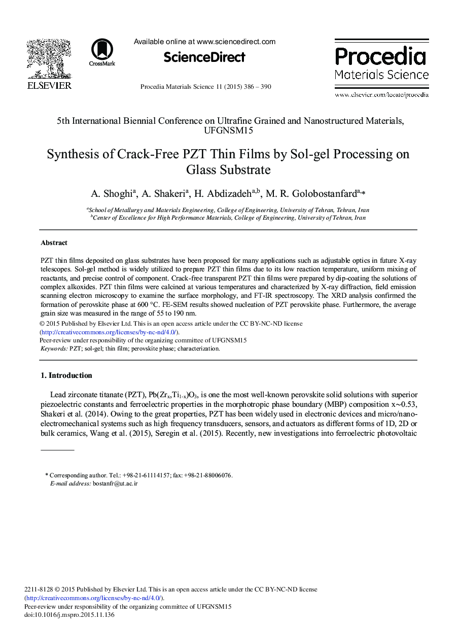 Synthesis of Crack-Free PZT thin Films by Sol-gel Processing on Glass Substrate 