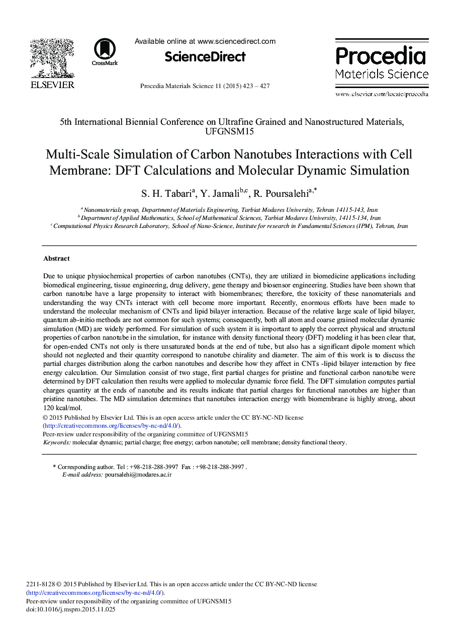 Multi-scale Simulation of Carbon Nanotubes Interactions with Cell Membrane: DFT Calculations and Molecular Dynamic Simulation 