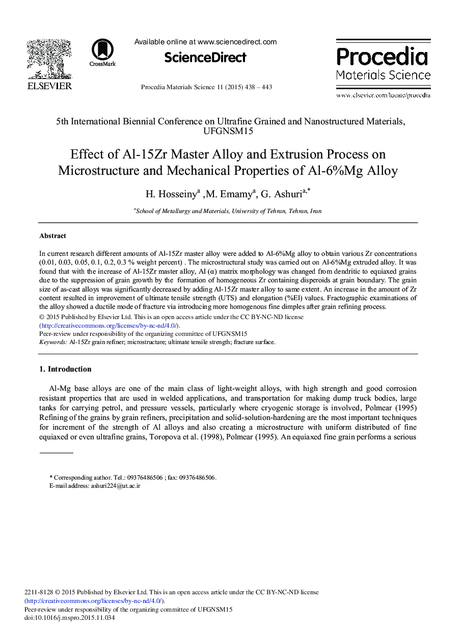 Effect of Al-15Zr Master Alloy and Extrusion Process on Microstructure and Mechanical Properties of Al-6%Mg Alloy