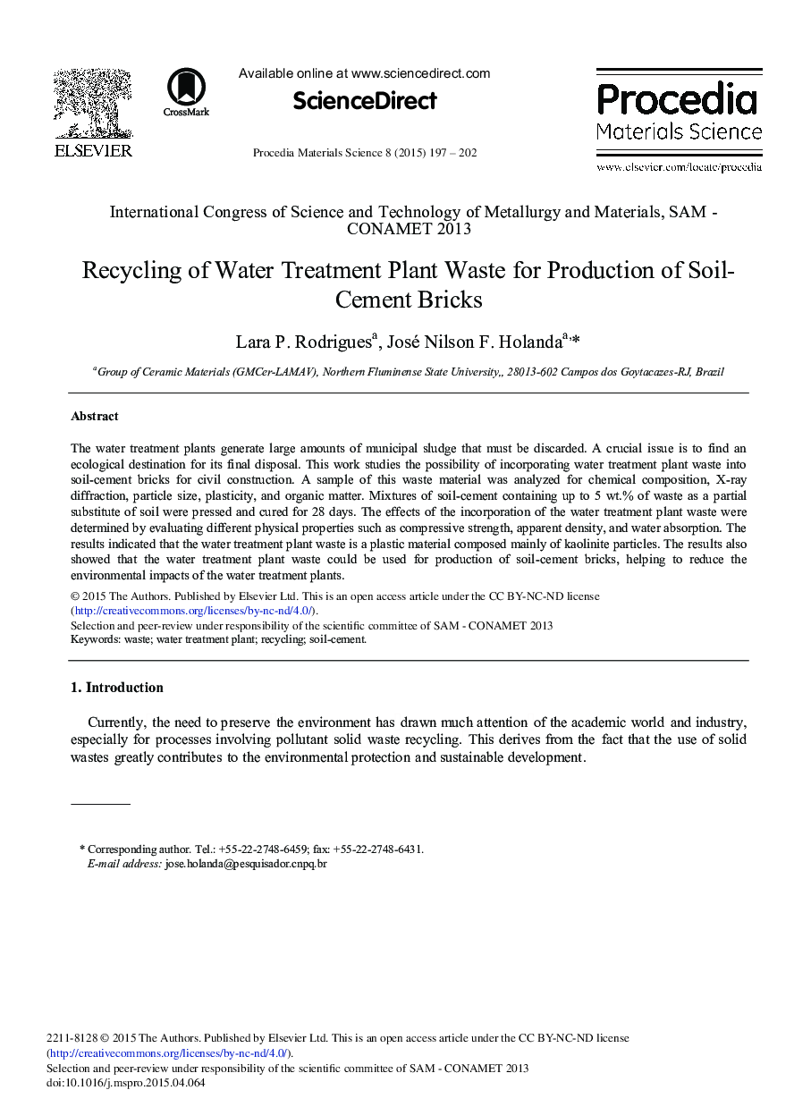 Recycling of Water Treatment Plant Waste for Production of Soil-Cement Bricks 