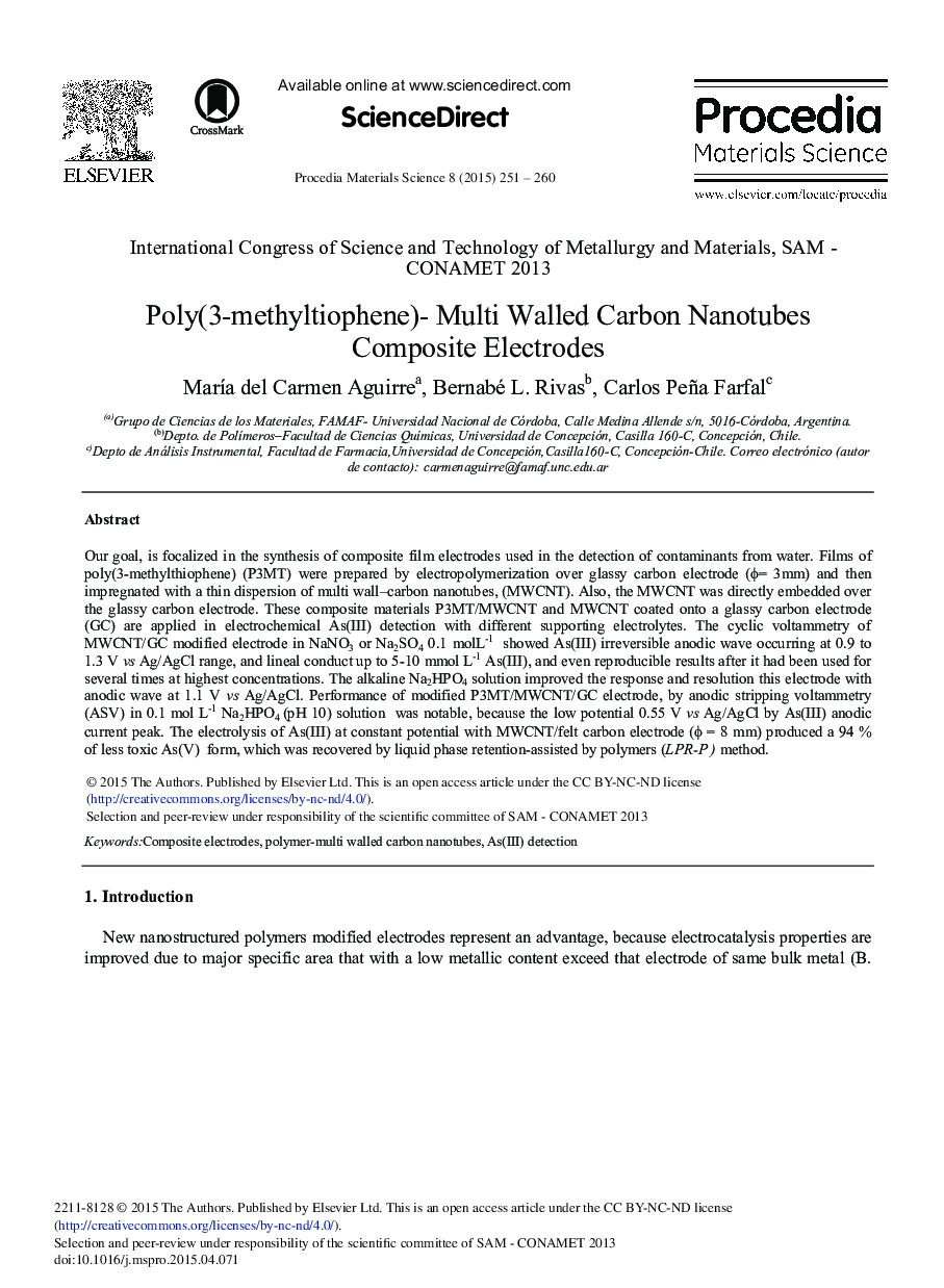 Poly(3-methyltiophene)- Multi Walled Carbon Nanotubes Composite Electrodes 