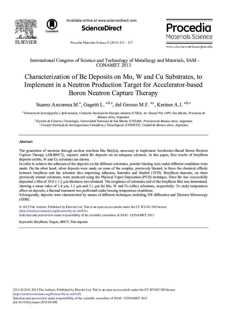 Characterization of Be Deposits on Mo, W and Cu Substrates, to Implement in a Neutron Production Target for Accelerator-based Boron Neutron Capture Therapy 