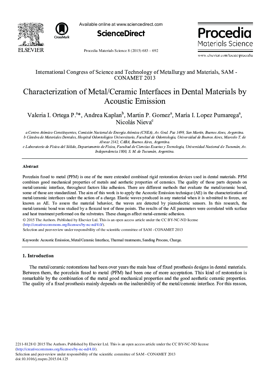 Characterization of Metal/Ceramic Interfaces in Dental Materials by Acoustic Emission 